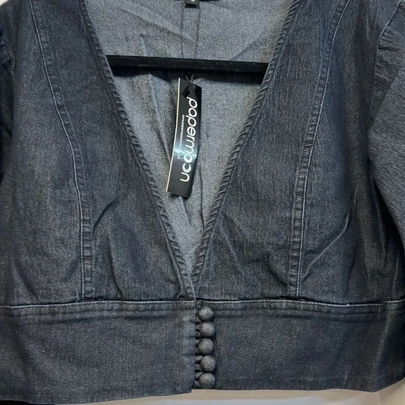 Women's Long Puff Sleeve V-Neck Denim Crop Top - Picture 4 of 6